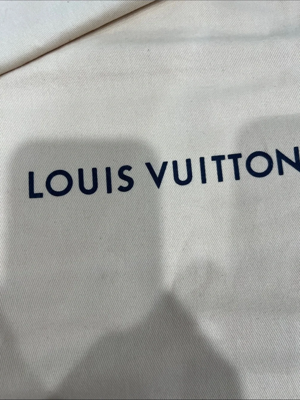 Louis Vuitton Cream Dust Bags with Navy Logo and Drawstrings
